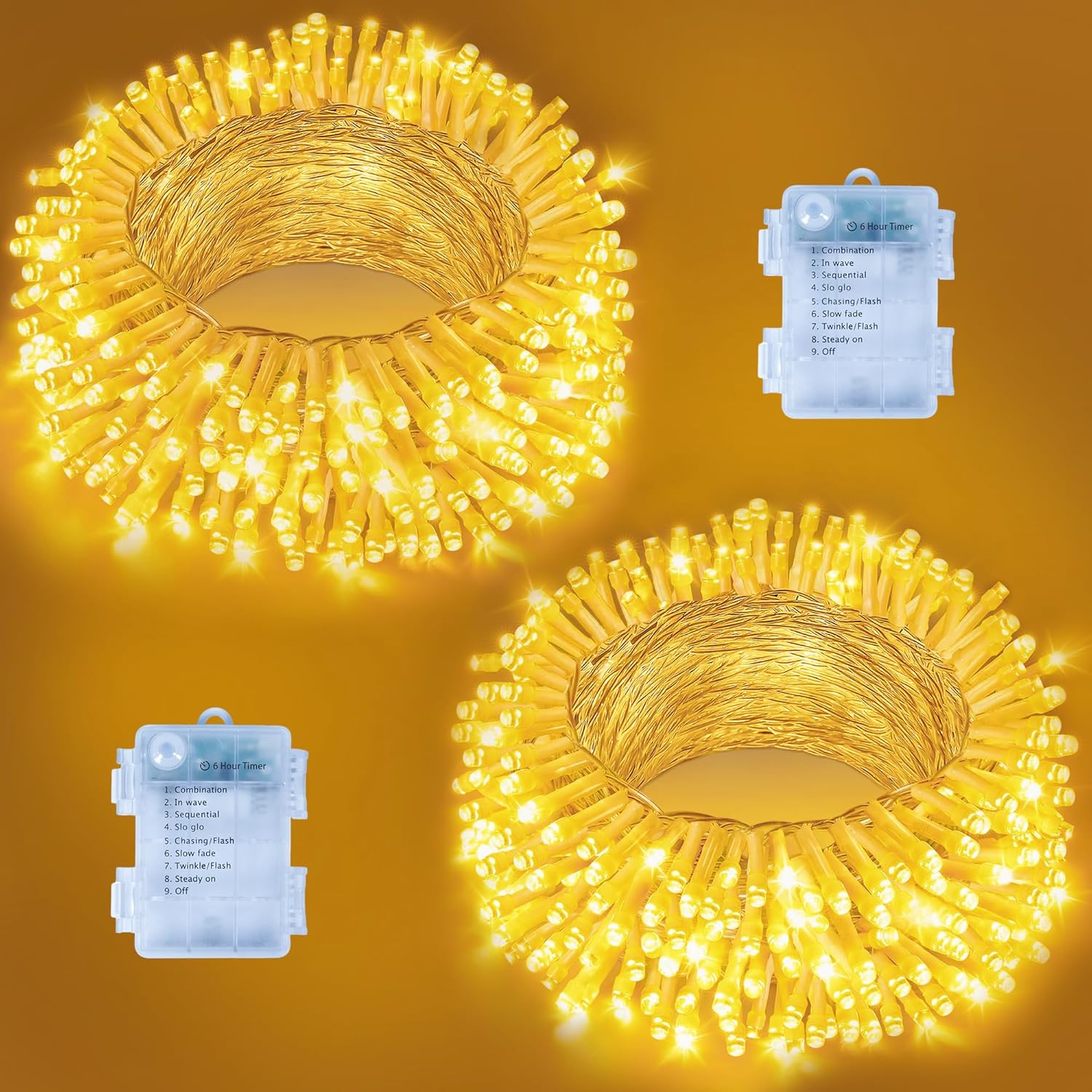 Ollny Fairy Lights Battery Operated 2 Pack, Total 200 LED 66 FT Battery String Lights, Waterproof LED Light with 8 Modes, Bedroom Indoor Outdoor Classroom Party Decorations, Warm White