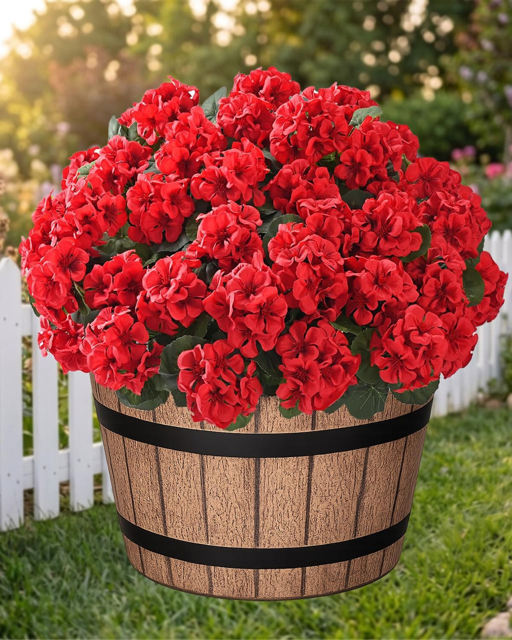 Artificial Flowers for Outdoors – 6 Bundles of UV-Resistant Artificial Geraniums, Realistic Silk Flowers for Front Porch, Patio, Garden, Window Boxes & Hanging Baskets (red, 6)