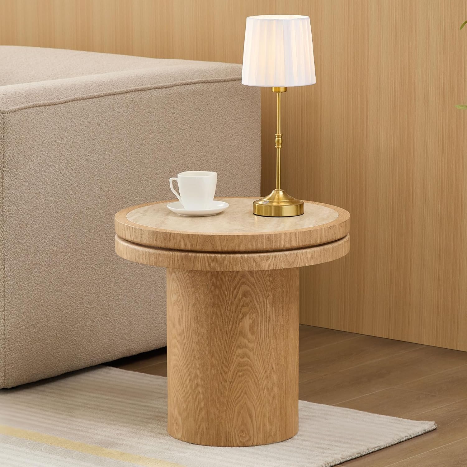 Round End Table Modern Side Table with Sintered Stone Top & Natural Wood Grain, Pedestal Accent Table for Living Room Bedroom Small Spaces, Oak
