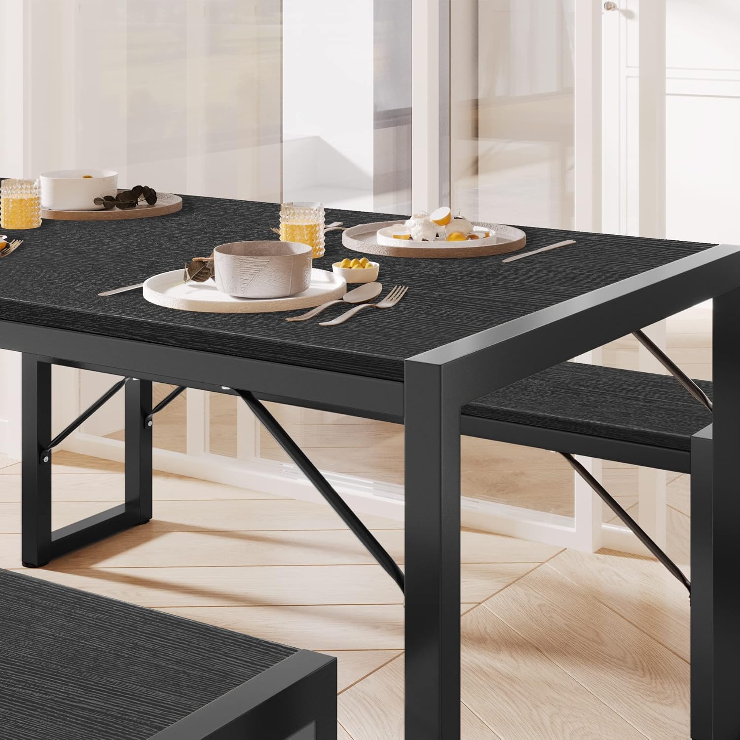Gizoon 45.5" Dining Table Set for 4 with 2 Benches, Kitchen Table Set with Metal Frame & MDF Board, Space-Saving Dinette for Kitchen, Dining Room -Black
