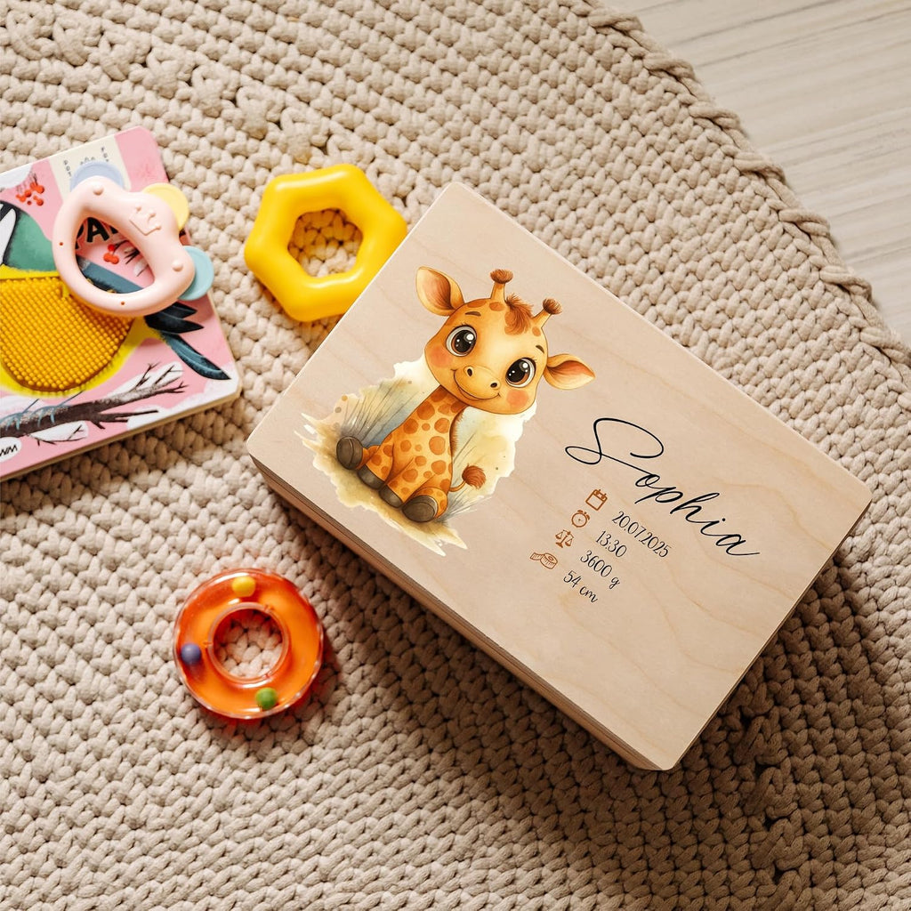 Creative Deco Personalized Wooden Baby Memory Box Storage Box - Giraffe | 11.8x7.87x5.51in (+-0.5) | Hinged Lid Engraving | Unpainted Gift Box