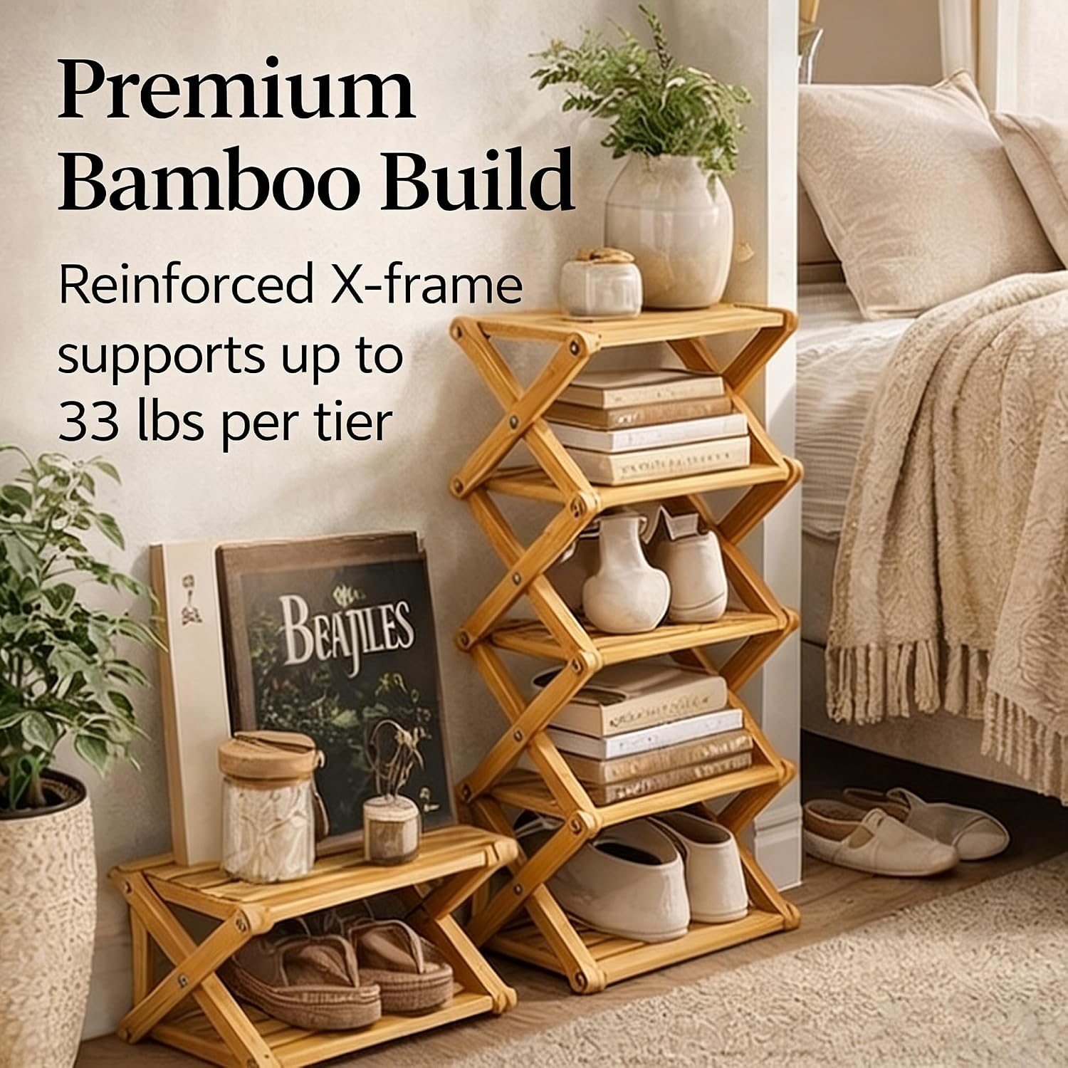 9 Tier Bamboo Shoe Rack, 2-9 Tier Foldable Bamboo Shoe Rack Options, The 9-Tier No-Assembly Vertical Design Bamboo Rack, for Shoes, Books, Vase, Save Space, Easy to Use (2-Tier)