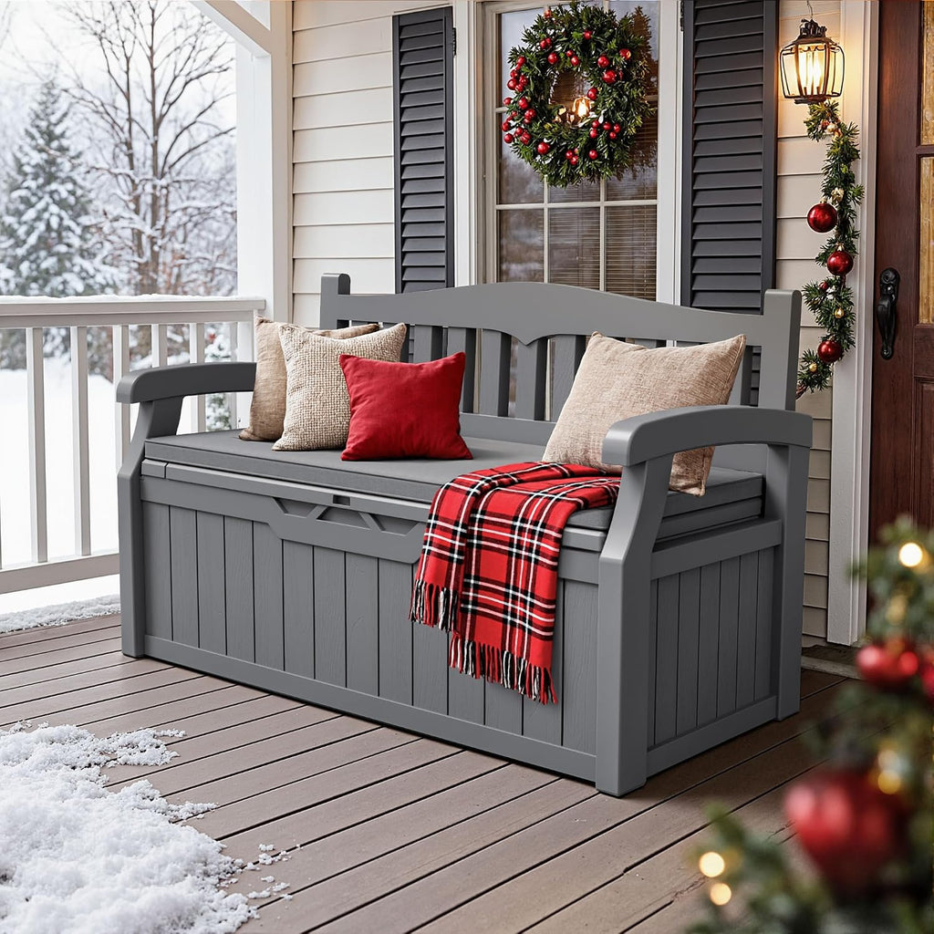 JUMMICO 80 Gallon Resin Outdoor Storage Bench with Cushion, Large Deck Box with Armrest, Lockable&Waterproof for Garden, Home, Patio, Pools (Grey, 80 Gallon)