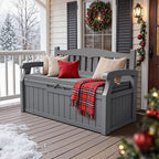 JUMMICO 80 Gallon Resin Outdoor Storage Bench with Cushion, Large Deck Box with Armrest, Lockable&Waterproof for Garden, Home, Patio, Pools (Grey, 80 Gallon)