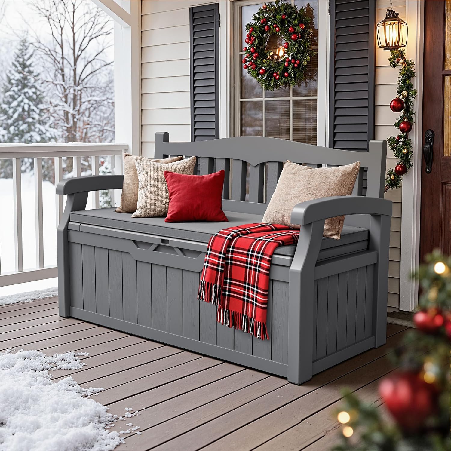 JUMMICO 80 Gallon Resin Outdoor Storage Bench with Cushion, Large Deck Box with Armrest, Lockable&Waterproof for Garden, Home, Patio, Pools (Grey, 80 Gallon)