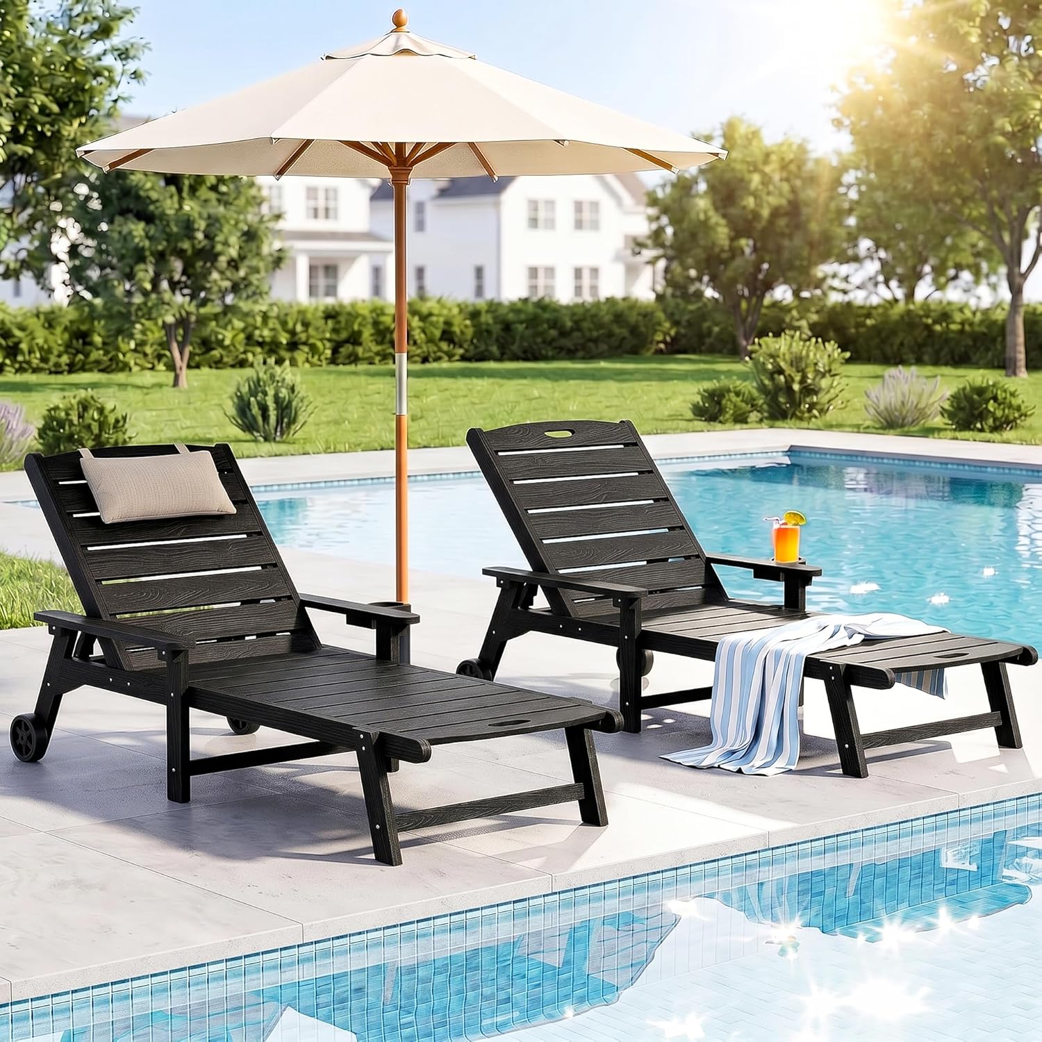 Outdoor Lounge Chair Set of 4 with 5-Position Adjustable, Outside Lounge Chair with Cup Holder, Wheels for Easy Mobility, HDPE Tanning Chair for Poolside, Patio, Black