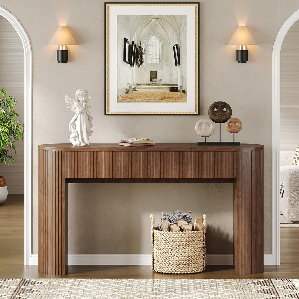 55 Inches Entryway Table with Storage, Mid-Century Console Tables with 2 Drawers, Modern Fluted Sofa Table Behind The Couch, Foyer Tables for Entryway, Couch,Livingroom Walnut
