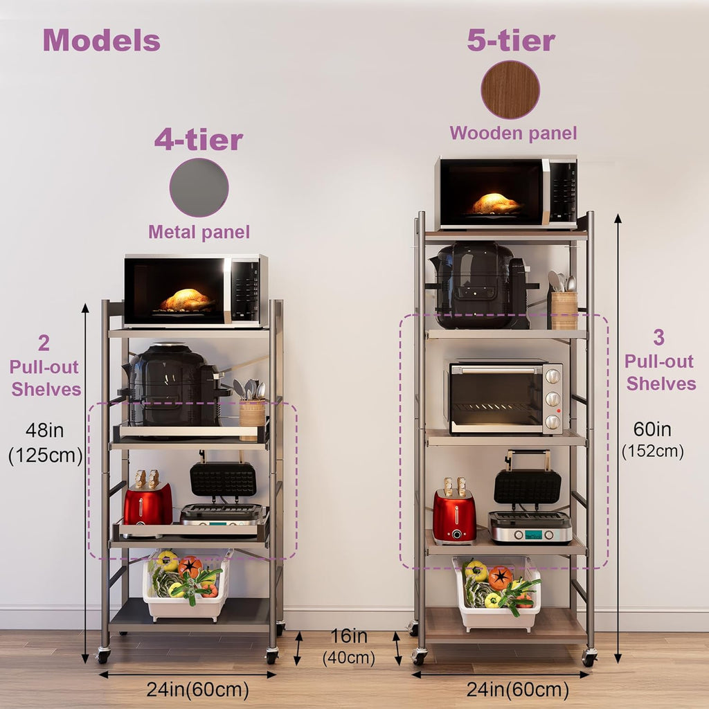 5-Tier Pull Out Baker's Rack with Storage, Heavy Duty Microwave Stand with Wood Pull Out Shelves, Adjustable Microwave Cart with Wheels (23.6''W x 60''H)