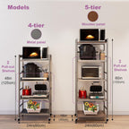 5-Tier Pull Out Baker's Rack with Storage, Heavy Duty Microwave Stand with Wood Pull Out Shelves, Adjustable Microwave Cart with Wheels (23.6''W x 60''H)