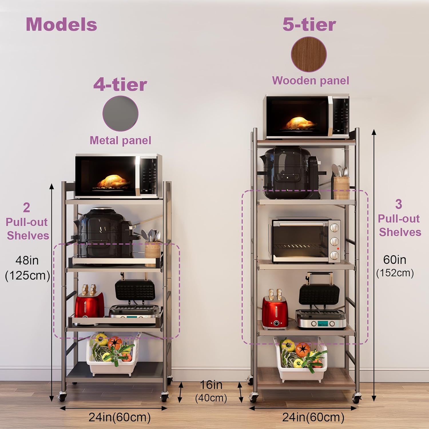 5-Tier Pull Out Baker's Rack with Storage, Heavy Duty Microwave Stand with Wood Pull Out Shelves, Adjustable Microwave Cart with Wheels (23.6''W x 60''H)