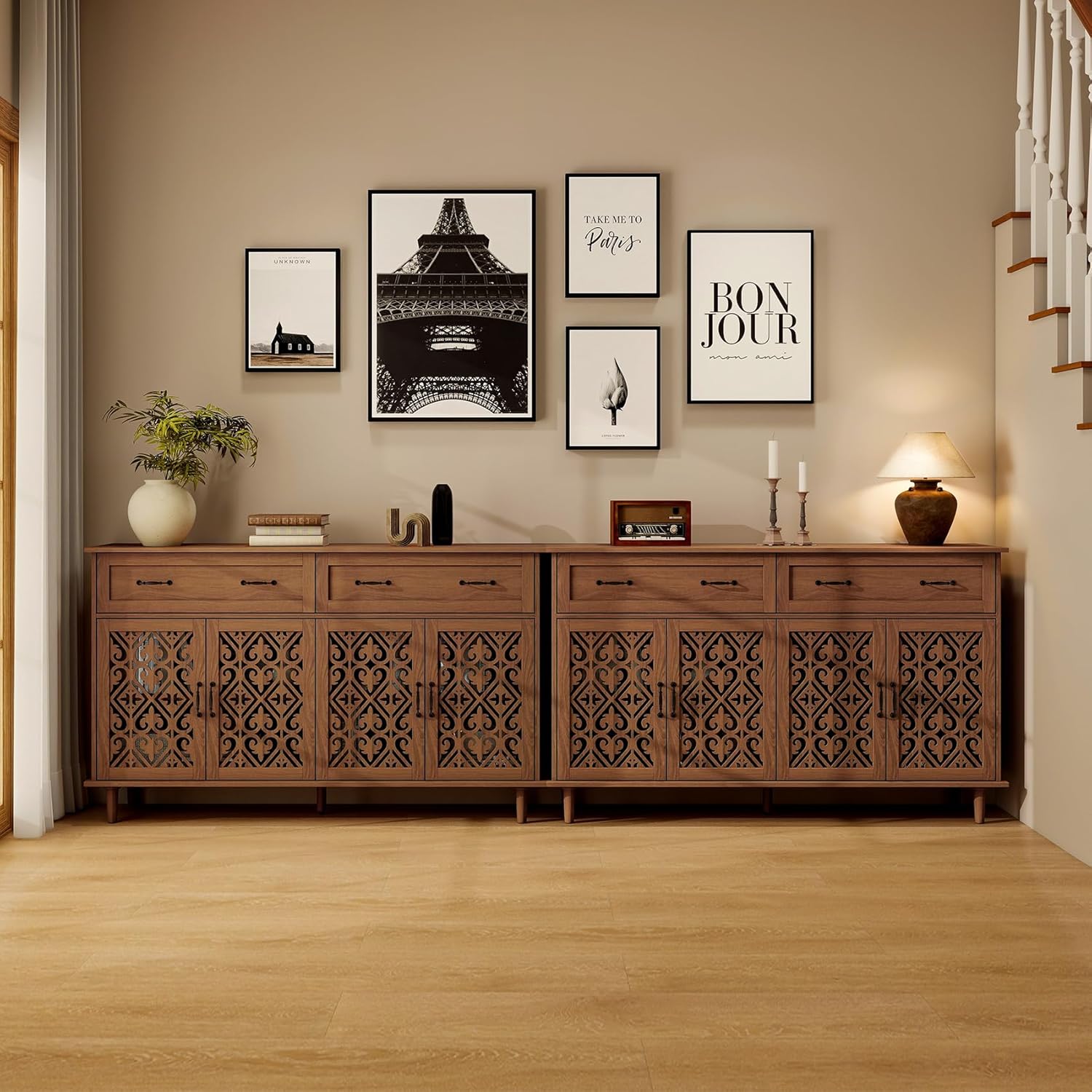 59" Accent Sideboard Buffet Cabinet with Storage,Credenza with Vintage Carved Doors and Adjustable Shelves,Entryway Cabinet,Storage Cabinet for Living Room,Dining Room,Entryway,Walnut