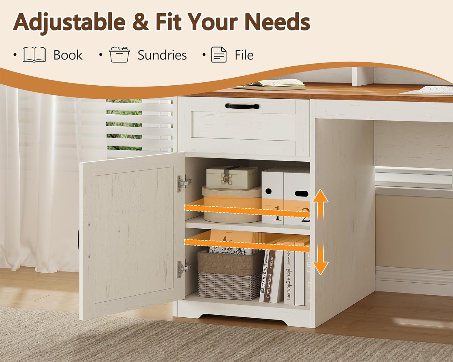 YOMILUVE Farmhouse 63" L Shaped Desk with Drawers and Storage Shelf, Home Office Desk with Power Outlets, Storage Cabinet, Corner Computer Desk with Long Monitor Stand, Brown and White