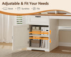 YOMILUVE Farmhouse 63" L Shaped Desk with Drawers and Storage Shelf, Home Office Desk with Power Outlets, Storage Cabinet, Corner Computer Desk with Long Monitor Stand, Brown and White