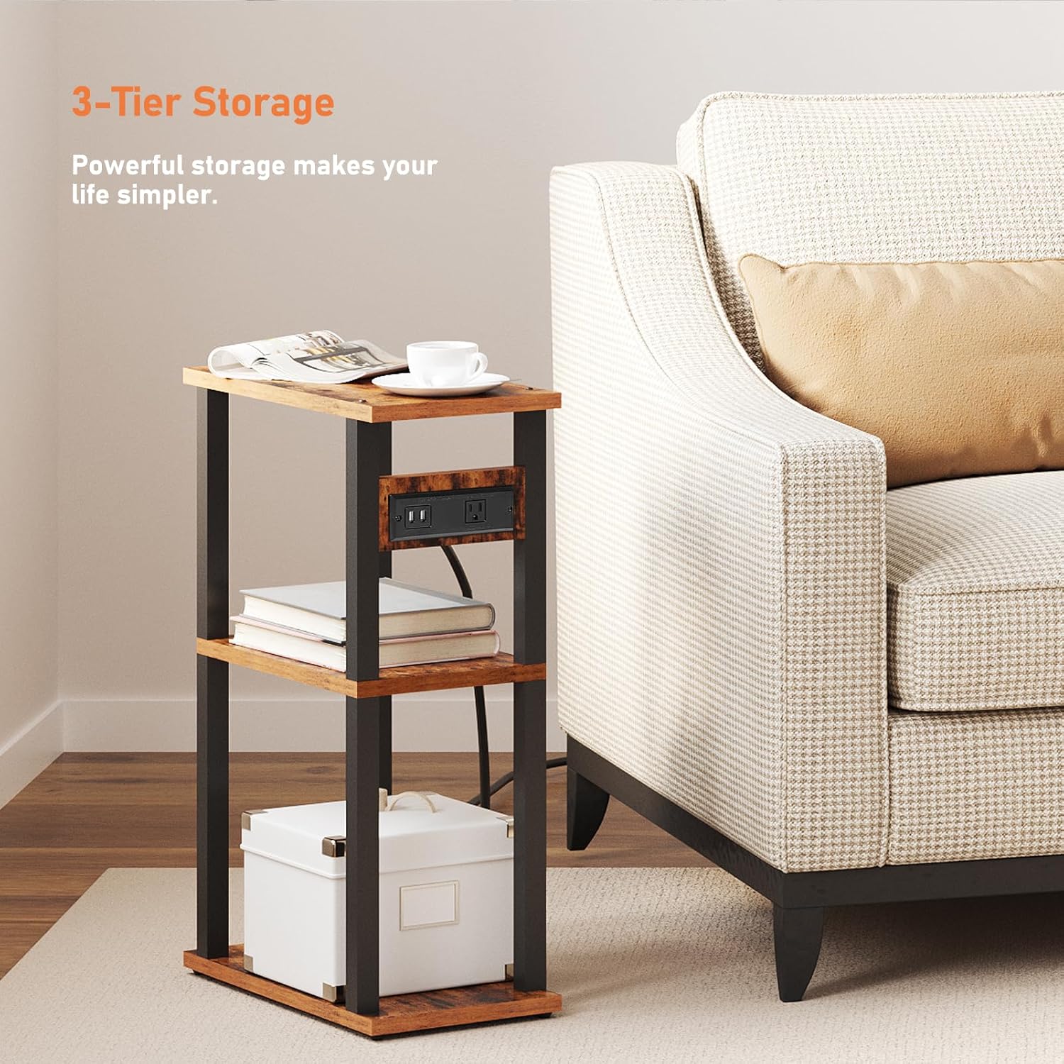 TUTOTAK Small Narrow Side Table with Charging Station, Skinny End Table for Small Spaces, Slim Nightstand with USB Ports and Outlet, Sofa Beside Table with Wheels, Brown TB01BB046