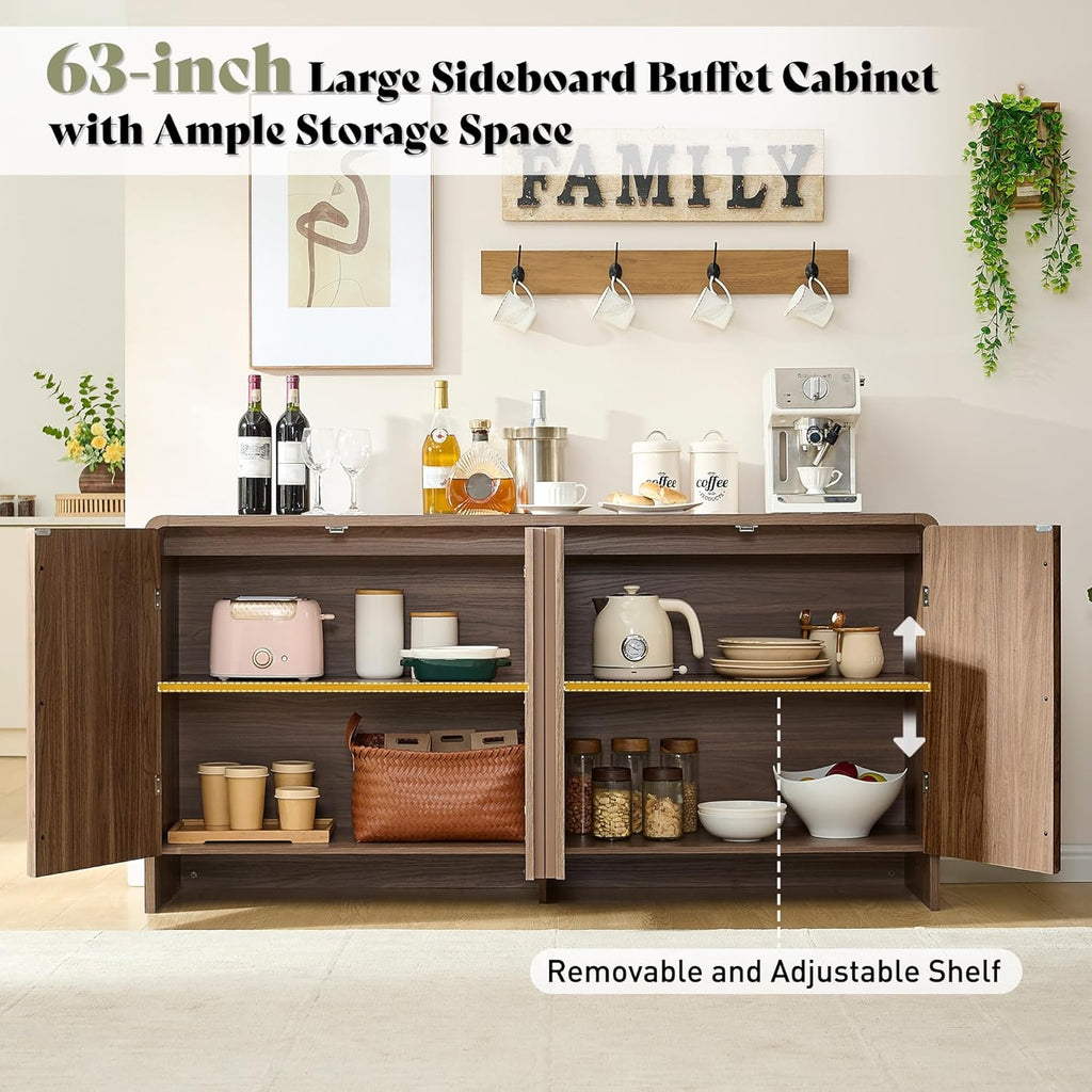 AMERLIFE 63" Fluted Sideboard Buffet Cabinet with Storage, Modern Credenza Console with 4 Doors & Adjustable Shelves, Wood Coffee Bar for Kitchen, Living Room, Hallway, Brown