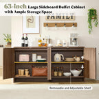 AMERLIFE 63" Fluted Sideboard Buffet Cabinet with Storage, Modern Credenza Console with 4 Doors & Adjustable Shelves, Wood Coffee Bar for Kitchen, Living Room, Hallway, Brown