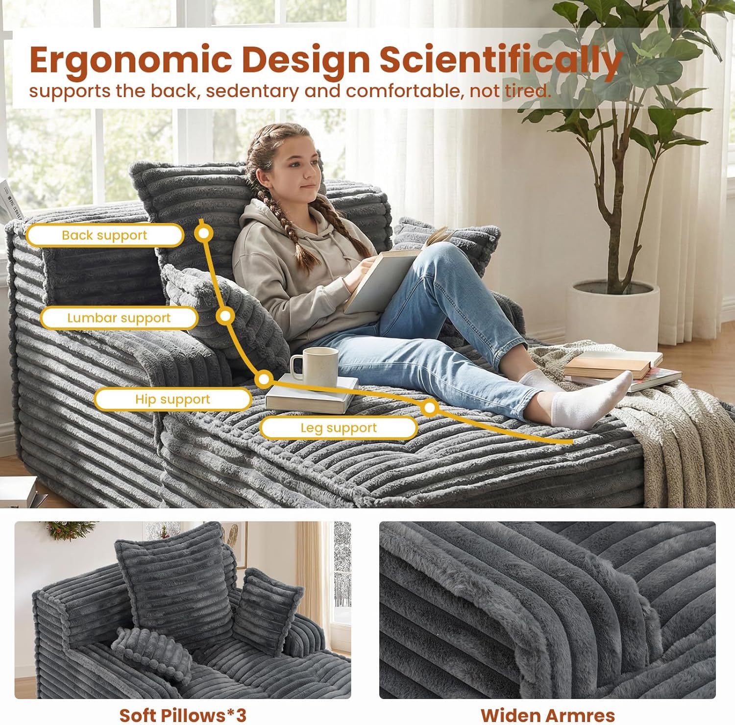 Boneless Chaise Lounge Chair Indoor, Top Fixed-Point Comfort Layer Boneless Couch, 57'' Cloud Corduroy Sofa Bed, Block + Crumb Foam Construction, Deep Seat Reading Chair with 3 Pillows, No Assembly