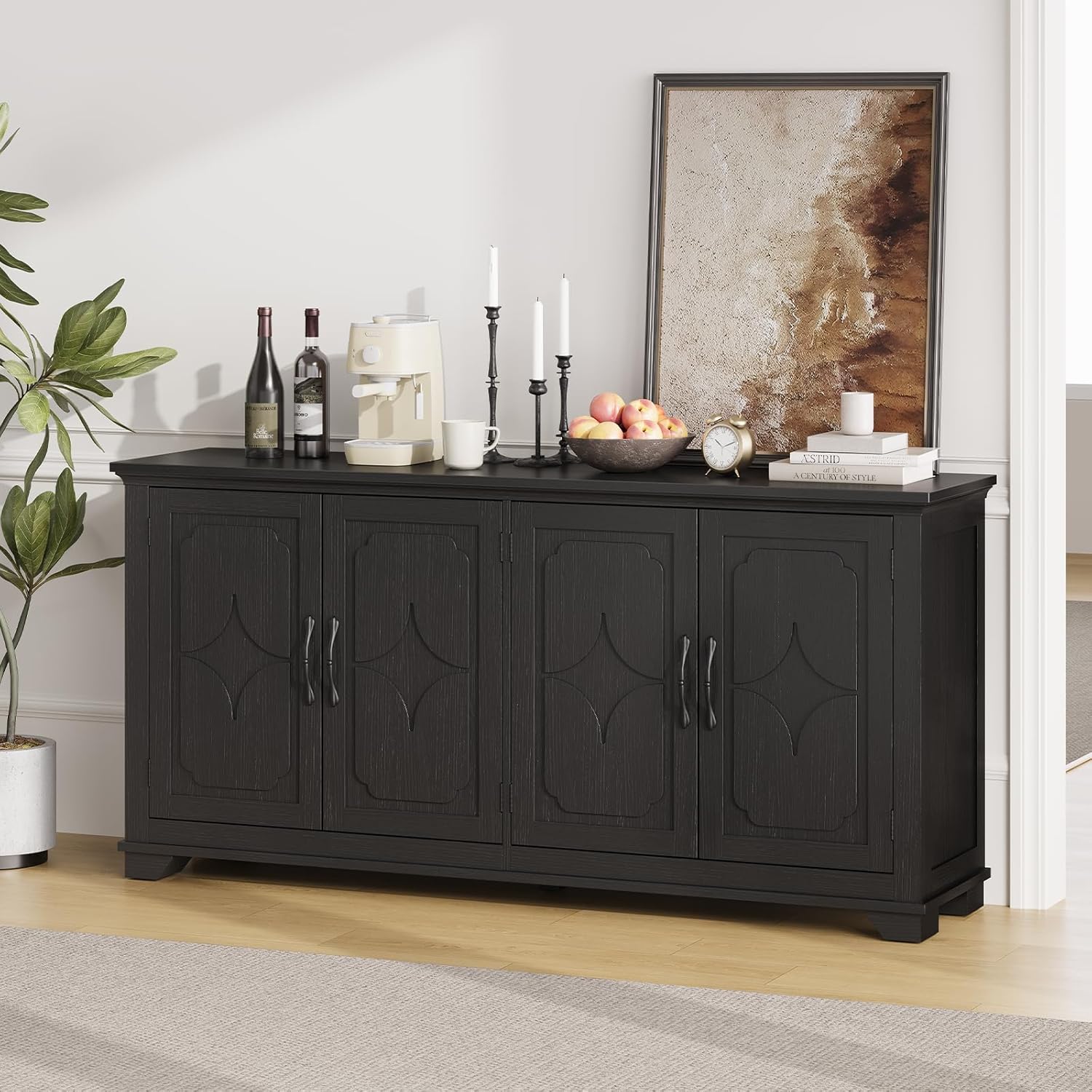 ONBRILL 63 Inch Buffet Cabinet with Storage, Large Sideboard Cabinet with 4 Carved Doors, Modern Credenza Storage Cabinets w/Adjustable Shelves for Kitchen, Living Room, Black