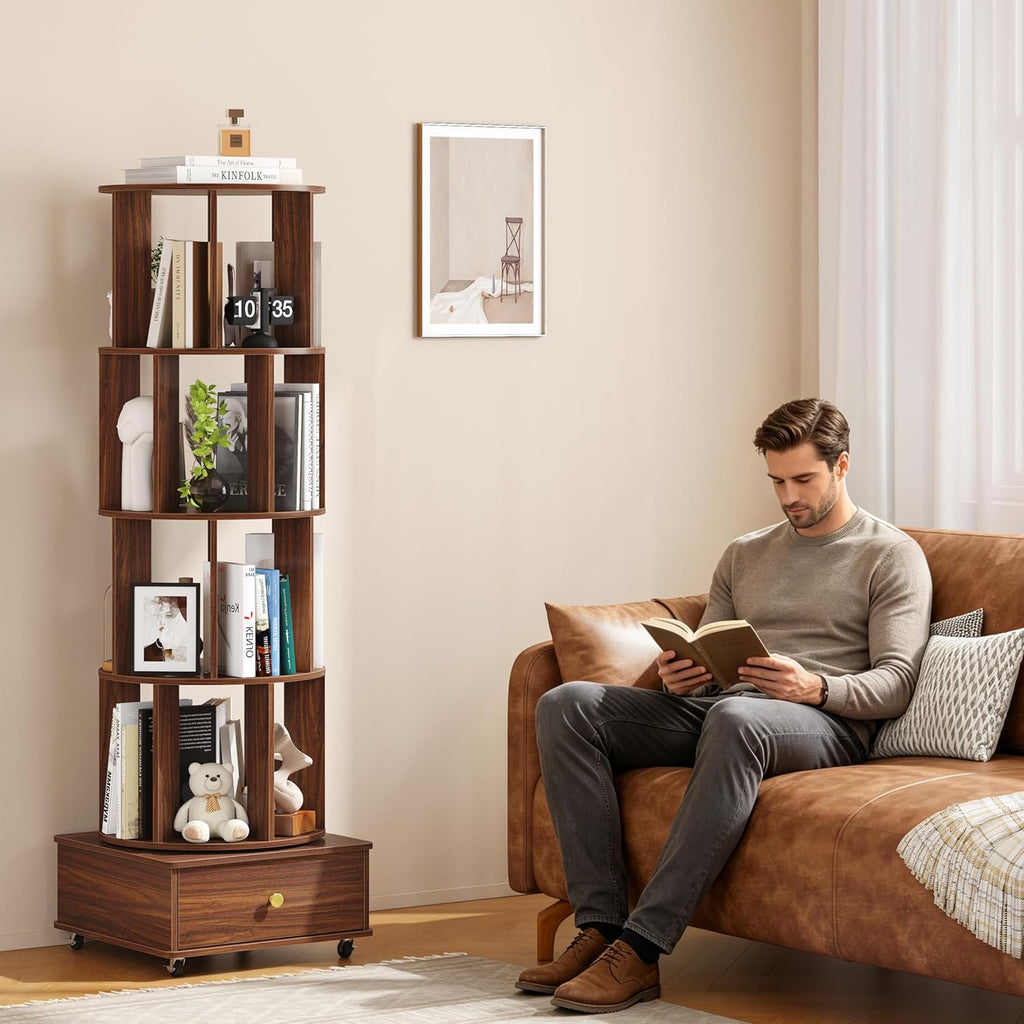 4 Tier Wood Rotating Bookshelf, 360° Spinning Bookshelf Tower with Lockable Wheels, Round Revolving Bookcase for Bedroom, Small Space, Corner, Office, Reading Nooks, Hallways, Walnut