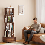 4 Tier Wood Rotating Bookshelf, 360° Spinning Bookshelf Tower with Lockable Wheels, Round Revolving Bookcase for Bedroom, Small Space, Corner, Office, Reading Nooks, Hallways, Walnut