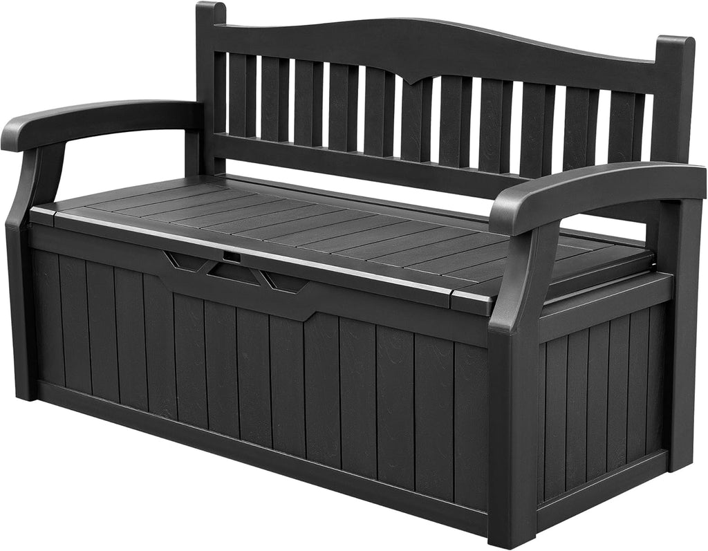 Black 80 Gallon Lockable Resin Deck Box Storage Bench, Waterproof Outdoor Storage Container for Patio Cushions, Garden Tools & Pool Supplies, Extra Patio Seating