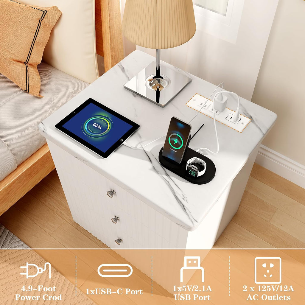 AWQM White Nightstand Set of 2, Night Stand with Charger Station and 3 Drawers, Modern End Table for Bedroom, Modern Nightstands with Storage, Suitable for Bedrooms, White
