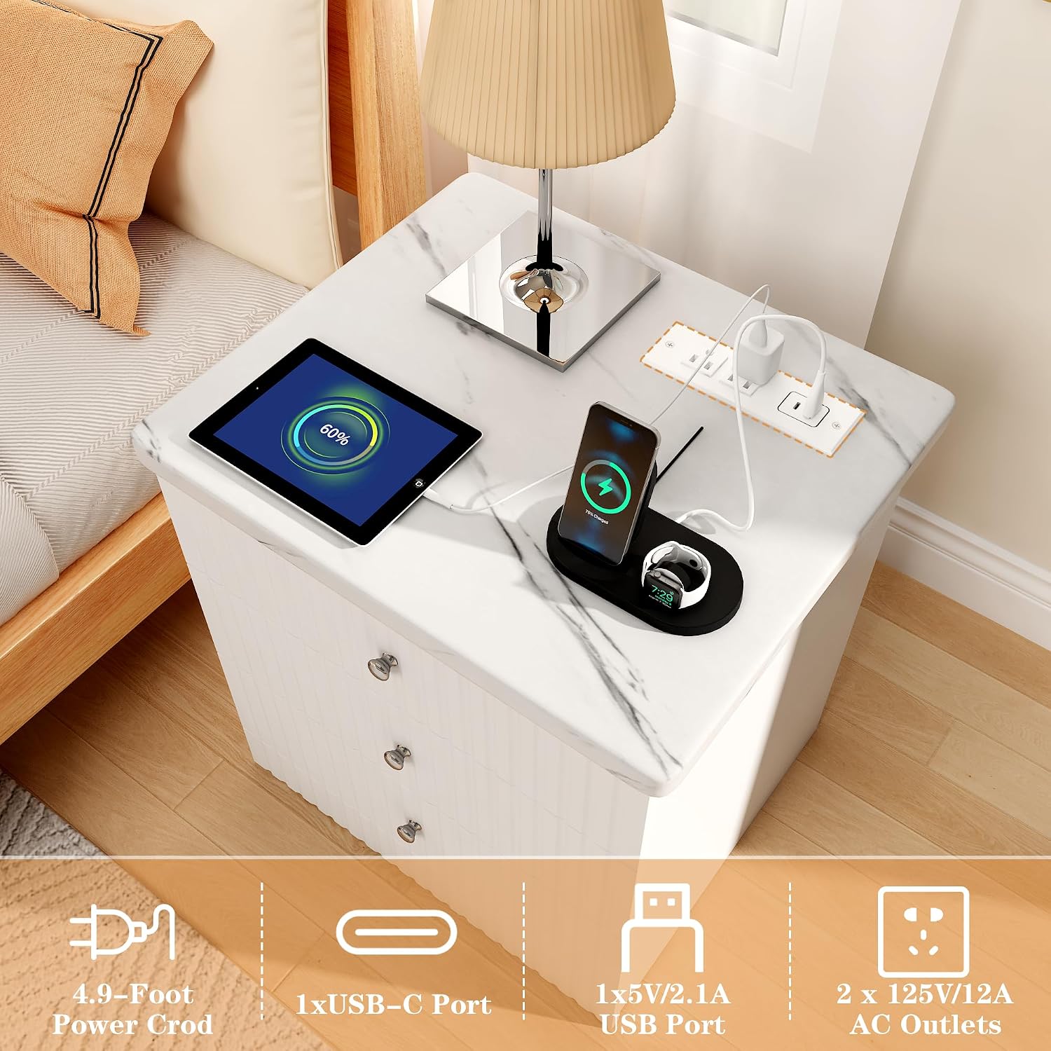 AWQM White Nightstand Set of 2, Night Stand with Charger Station and 3 Drawers, Modern End Table for Bedroom, Modern Nightstands with Storage, Suitable for Bedrooms, White