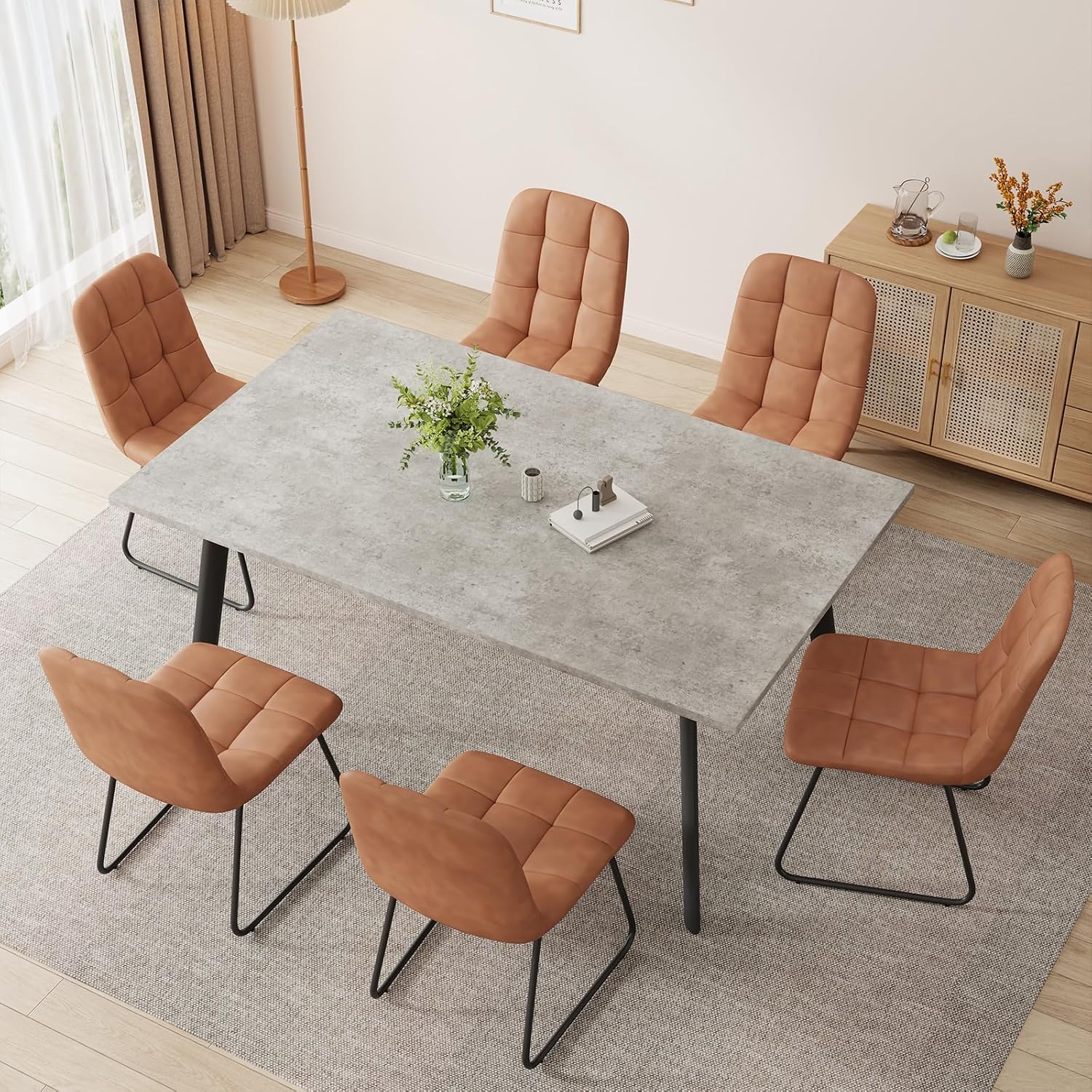 ZckyCine 46.5" Modern Grey Dining Table Set for Small Spaces, 7-Piece Set with Rectangular Table & 6 Padded Leather Chairs, Compact, Sturdy & Easy to Assemble (Table + 6 Brown Dining Chairs, 46.5")