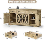 Einhomn 64" Farmhouse Sideboard Cabinet with 3 Drawers and 4 Doors, Buffet Cabinet with Adjustable Shelves and Curved Glass Doors, Large Storage Cabinet for Dining Room, Living Room, Kitchen,Natural