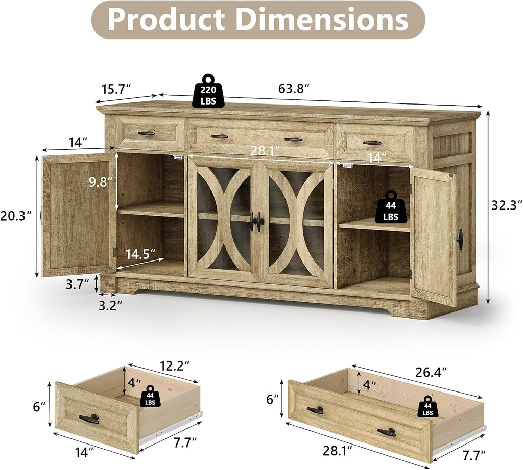 Einhomn 64" Farmhouse Sideboard Cabinet with 3 Drawers and 4 Doors, Buffet Cabinet with Adjustable Shelves and Curved Glass Doors, Large Storage Cabinet for Dining Room, Living Room, Kitchen,Natural