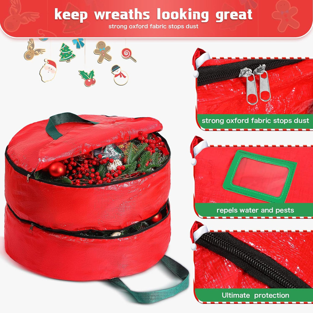 Shappy Double Layer Wreath Storage Container Bag Wreath Storage Pure Color Seasonal Garland Holiday Christmas Container Festive Box with Dual Zippers and Handles for Xmas(30 Inch,Red)
