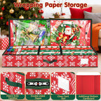 Wrapping Paper Organizer Storage, Christmas Wrapping Paper Storage with Flexible Partition & Pockets for Christmas Decorations, Ribbon, Underbed Gift Wrap Organizer for Holiday(Wave and Snowflake/Red)