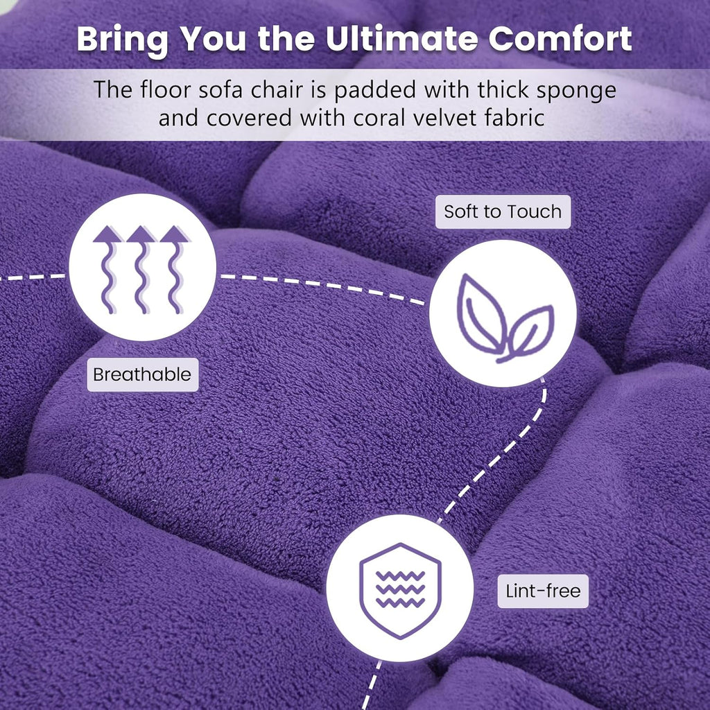 MAT EXPERT Floor Chair with Back Support, Floor Gaming Chair w/ 14 Adjustable Position, Soft Coral Fleece&Alloy Steel Frame, Foldable Padded Lazy Couch Recliner for Meditating (Violet, Large)