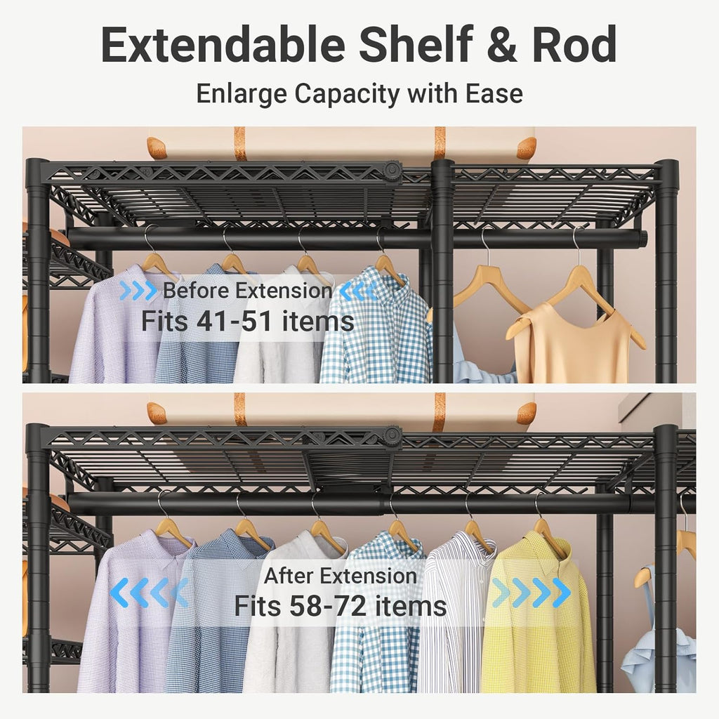 VIPEK Classic V6X Dynamic Closet System, Expandable Freestanding Clothes Rack with Shelves & Hanging Rods, Adjustable Width 62"-96", Modular Metal Clothing Rack Organizer for Reach-in Closet