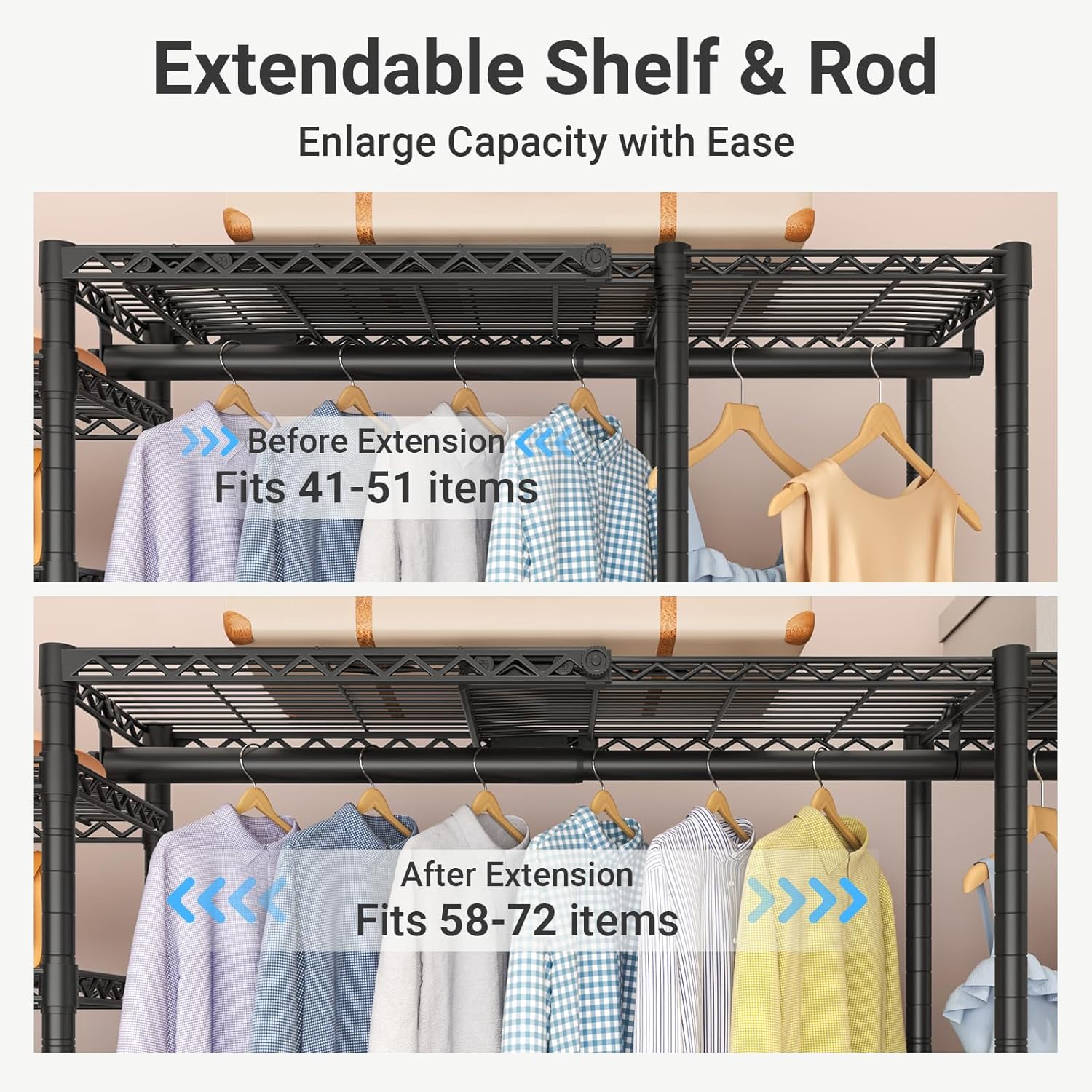 VIPEK Classic V6X Dynamic Closet System, Expandable Freestanding Clothes Rack with Shelves & Hanging Rods, Adjustable Width 62"-96", Modular Metal Clothing Rack Organizer for Reach-in Closet