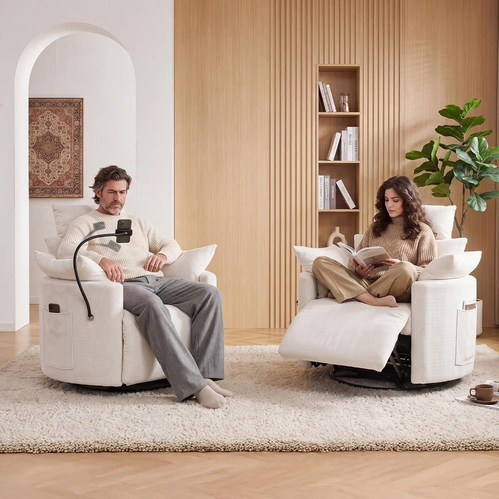 FOXHUNTER Manual Nursery Rocking Chairs Glider Rocking Chair 360°Swivel Rocking Recliner with Phone Holder,Footrest,Oversized Rocker Chair for Living Room, Chenille,White