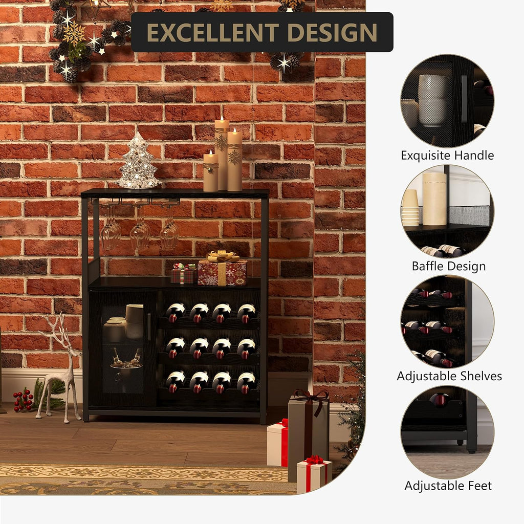Wine Bar Cabinet with Wine Rack & Glass Holder, Wine Rack Table with Baffle Design, Adjustable Feet & Shelves | Armario de Vino con Repisa para Vinos, Soporte para Copas & Estantes Ajustables -Blk
