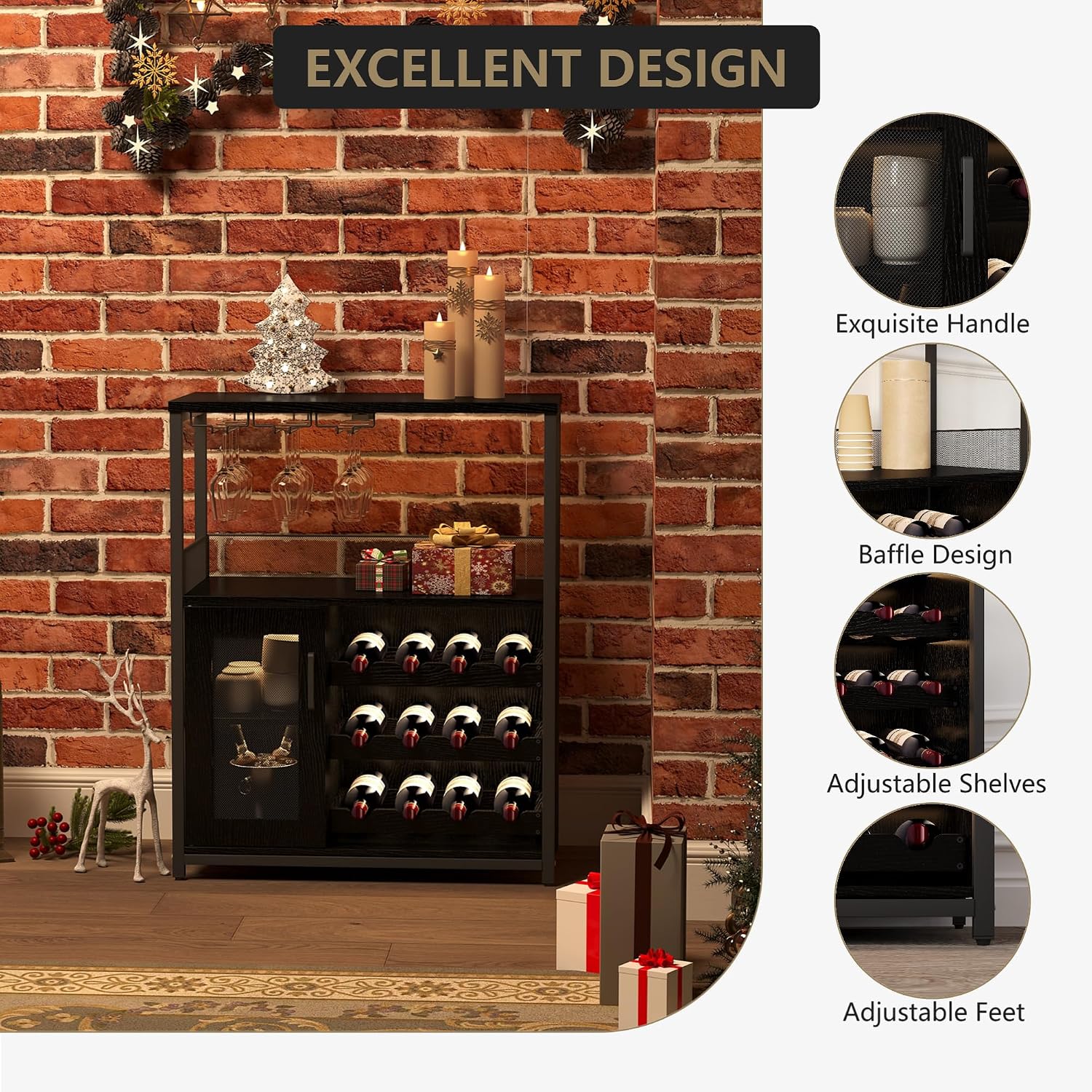 Wine Bar Cabinet with Wine Rack & Glass Holder, Wine Rack Table with Baffle Design, Adjustable Feet & Shelves | Armario de Vino con Repisa para Vinos, Soporte para Copas & Estantes Ajustables -Blk