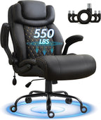 Office Chair, Big and Tall Executive Chairs with Lumbar Support for Back Pain, Breathable Desk Computer Chair with Adjustable Flip-up Armrests, Wide Cushion Swivel Home Office Chair Black PU