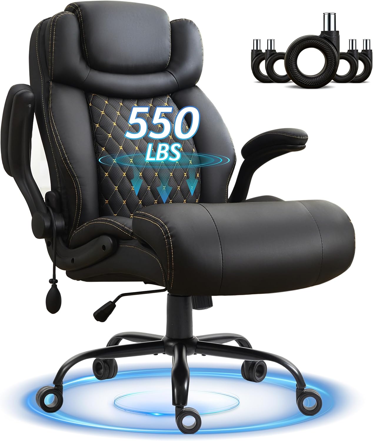 Office Chair, Big and Tall Executive Chairs with Lumbar Support for Back Pain, Breathable Desk Computer Chair with Adjustable Flip-up Armrests, Wide Cushion Swivel Home Office Chair Black PU