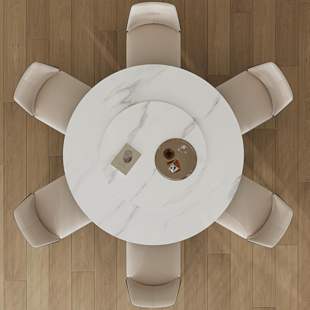 Montary 59" Modern Round Dining Table, Turntable Faux Marble Kitchen Table with Lazy Susan, Sintered Stone Tabletop Dining Room Table for 6-8 Person, with Black Metal Exquisite Pedestal
