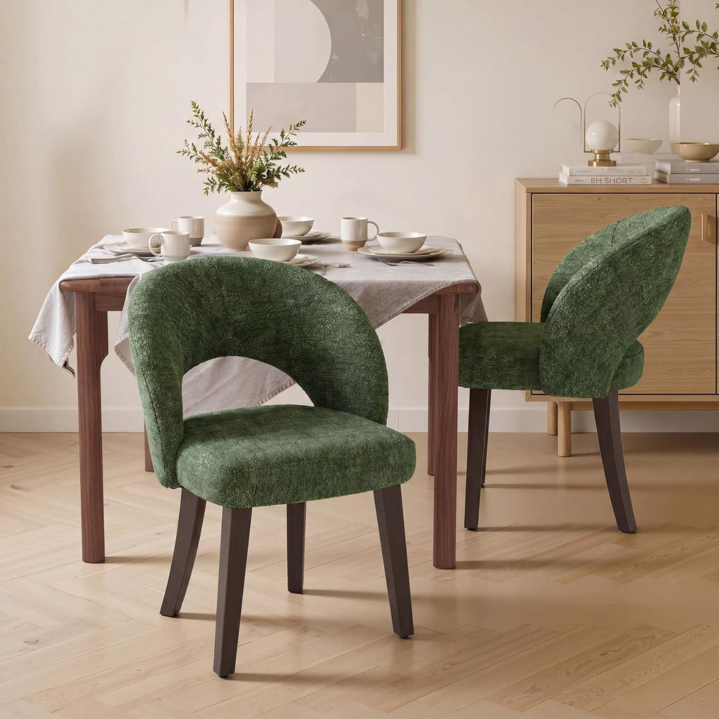 Dining Chairs Set of 2, Mid Century Modern Dining Chairs with Solid Wood Legs, Curved Back Kitchen Chair Farmhouse Side Upholstered Chairs for Kitchen Dining Room, Green
