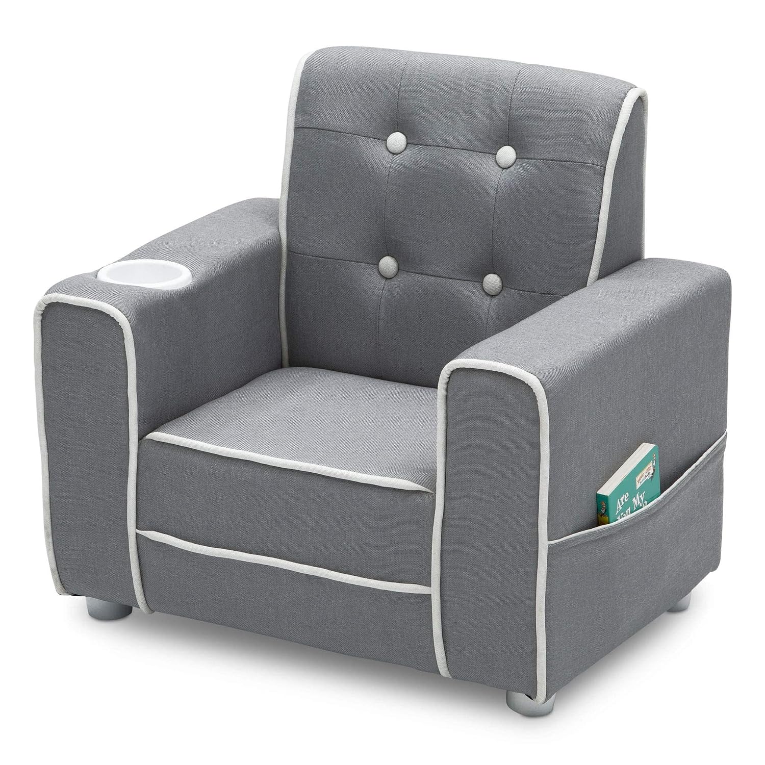 Delta Children Chelsea Kids Upholstered Chair with Cup Holder, Soft Grey