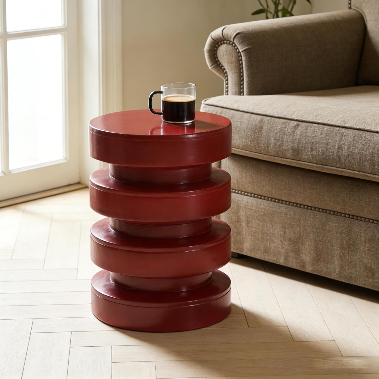 14.2" W Round End Table with 3-Tier Design, Modern MGO Side Table for Indoor Outdoor, Patio Balcony Living Room Accent Furniture, Red Color