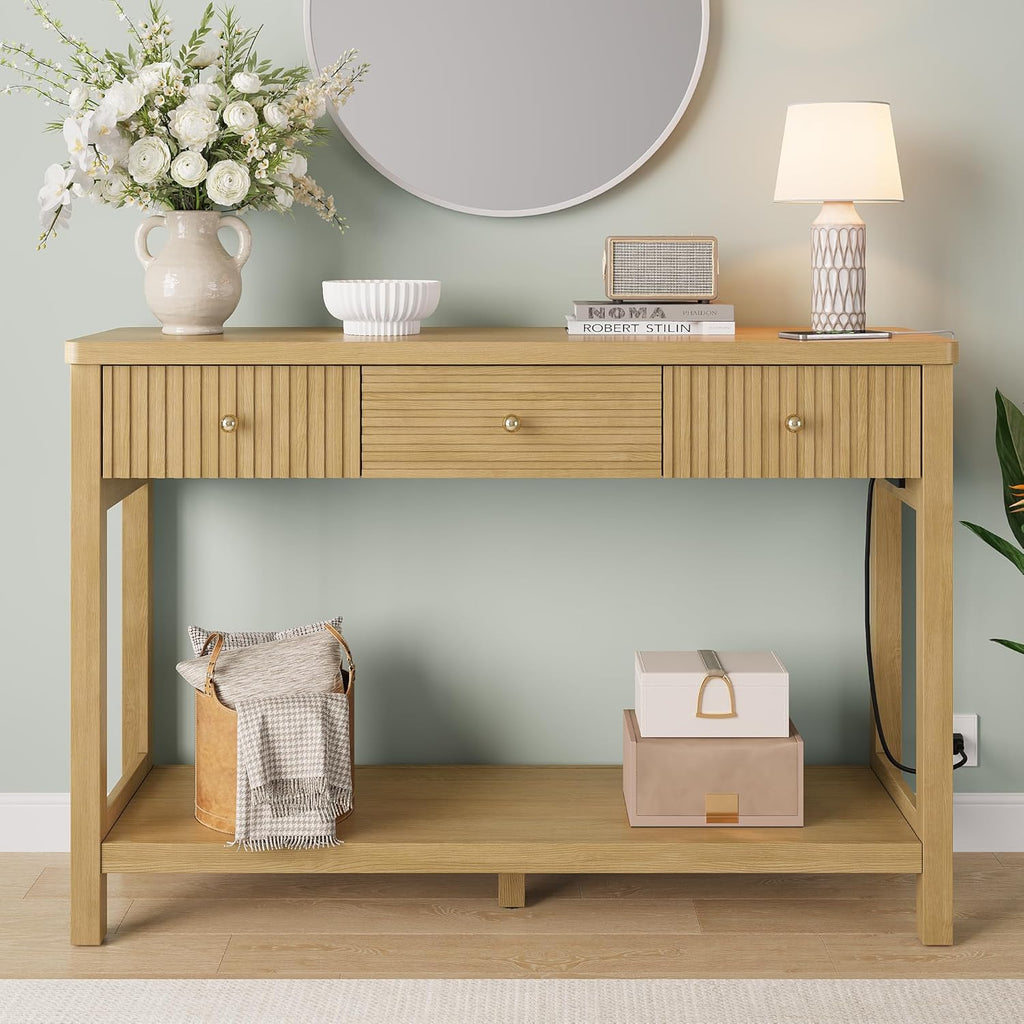 47 Inch Fluted Console Table with Outlets and USB-C Port, Mid Century Modern Sofa Table with 3 Drawers and Open Shelf, Entryway Table with Charging Station for Behind Couch, Hallway, Foyer, Oak