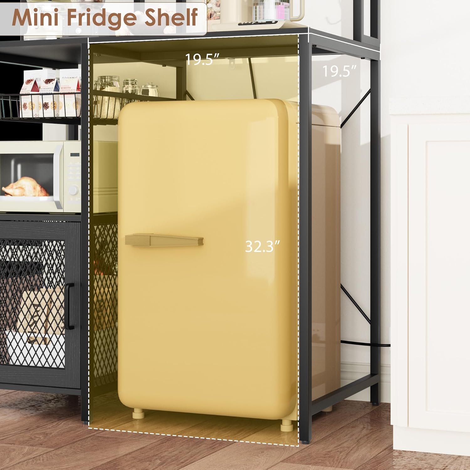 IDEALHOUSE Kitchen Bakers Rack with Refrigerator Storage Space, Industrial Microwave Stand with Power Outlet, Freestanding Kitchen Shelf for Pantry Living Room, 33.9 x 19.7 x 58.1 Inches, Black