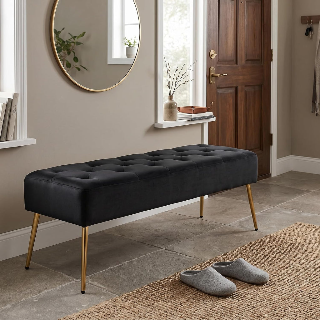 DUHOME Button-Tufted Ottoman Bench, Upholstered Bedroom Benches Velvet Footrest Stool Accent Bench for Entryway Dining Room Living Room Bedroom End of Bed, Black