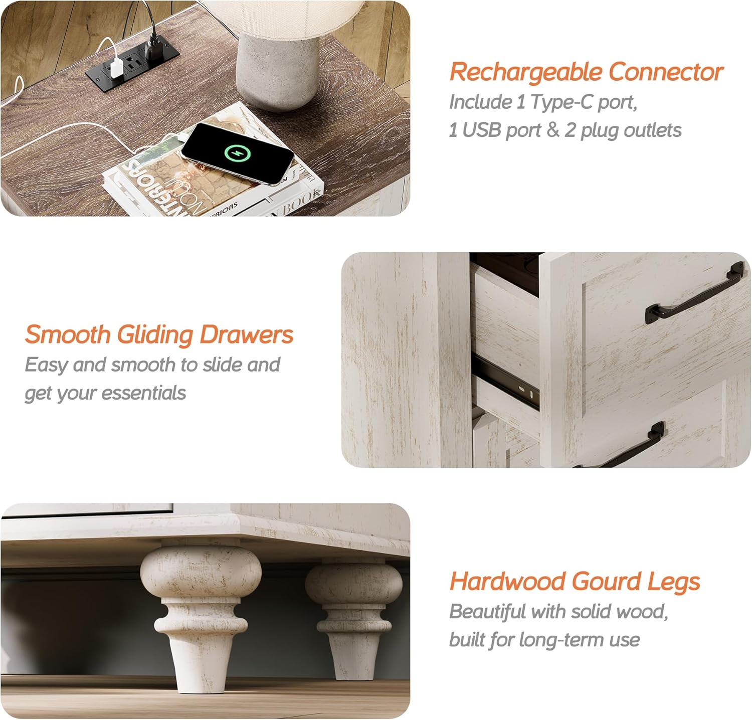 WAMPAT Nightstand Side Table with Charging Station, Antique White End Table with 2 Drawers for Living Room, Elegant Night Stand Bedside Table for Bedroom, Dorm