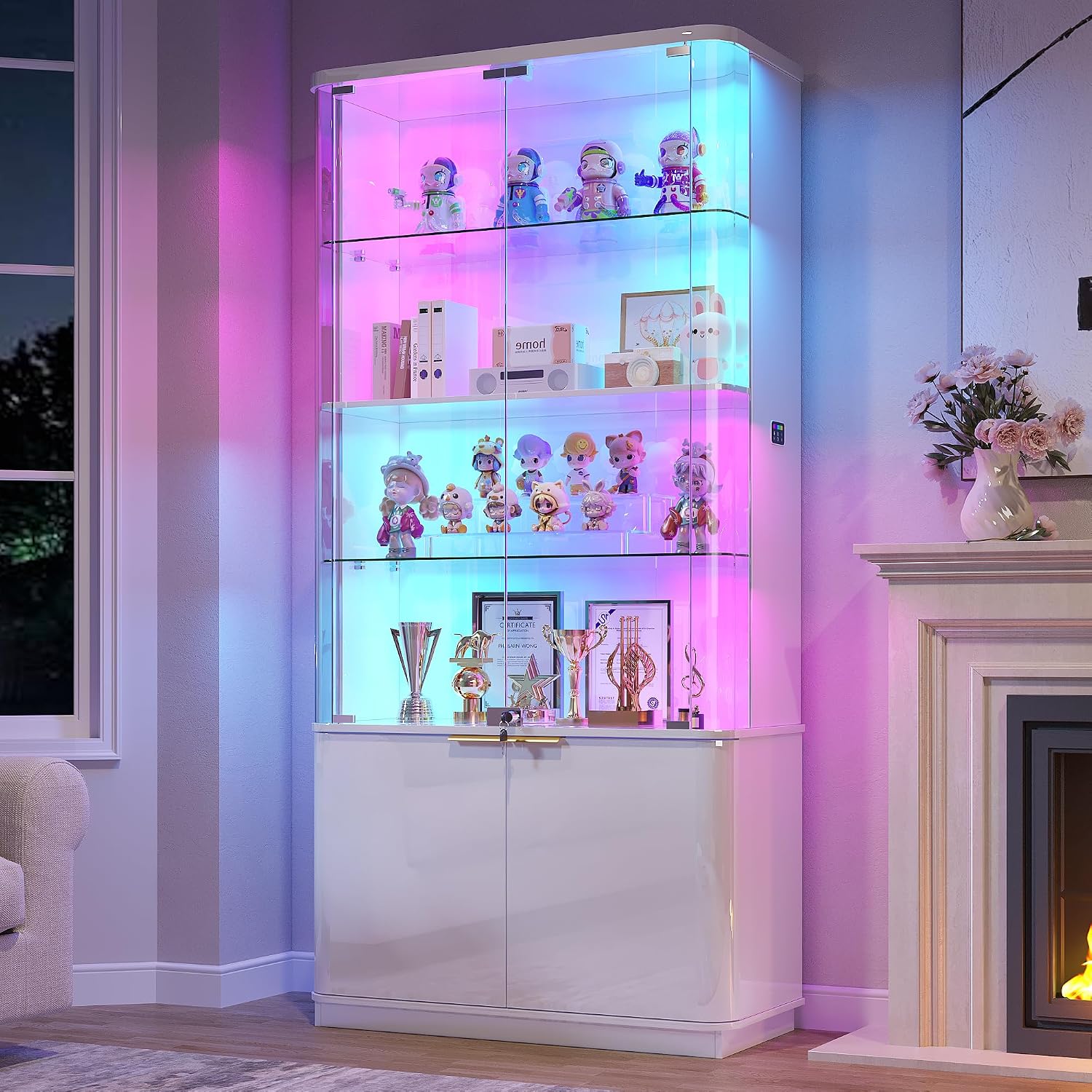 71" Tall RGB Display Cabinet with Glass Door, 6-Tier Rounded Curio Cabinet with Adjustable Shelves for Collectibles, Locking Trophy Display Case with LED Lights for Figures/Helmet/Football, White
