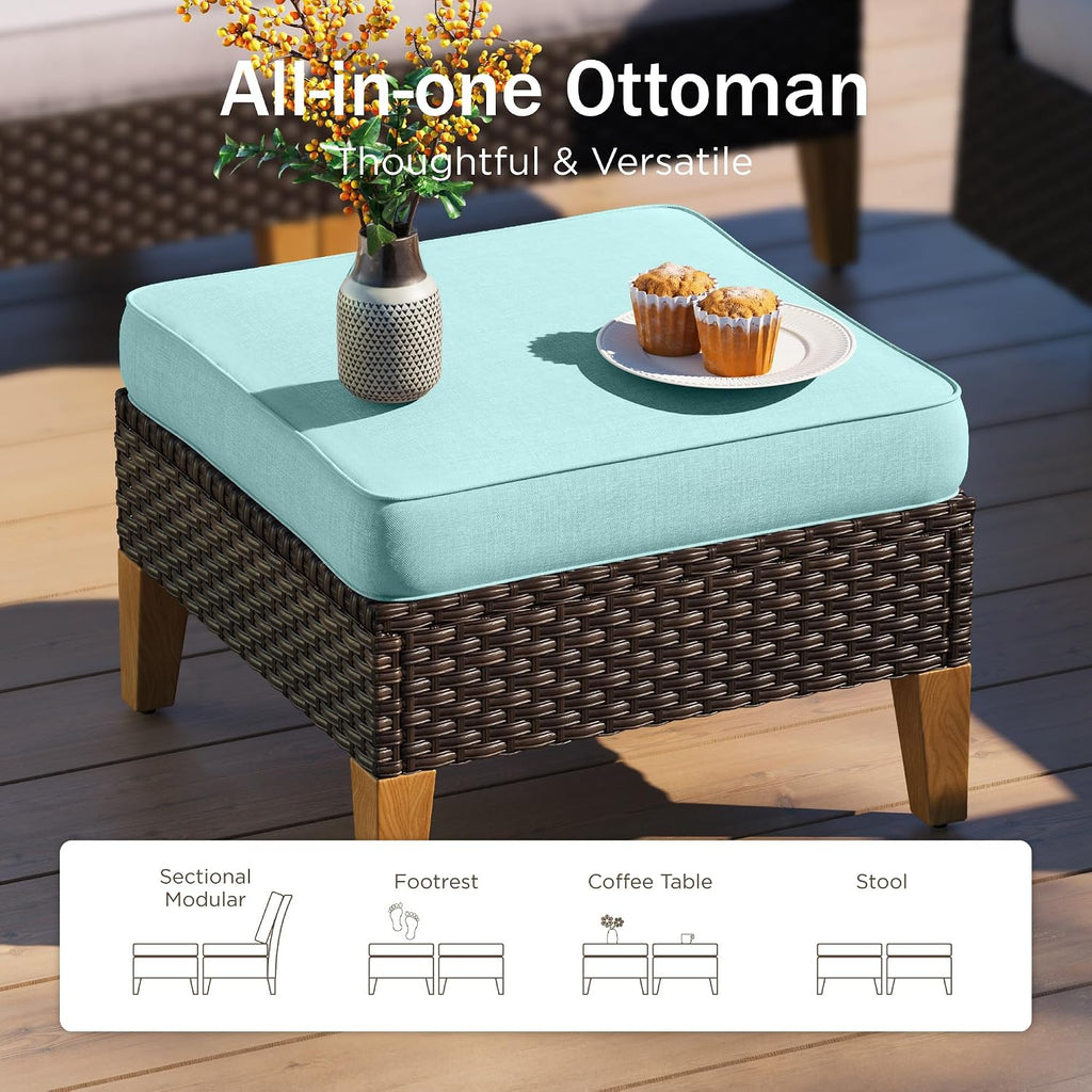 PHI VILLA 2 Pieces Patio Ottoman, All Weather Rattan Wicker Ottoman Seat, Outdoor Footstool Footrest Seat w/Removable Cushions, Aqua Blue